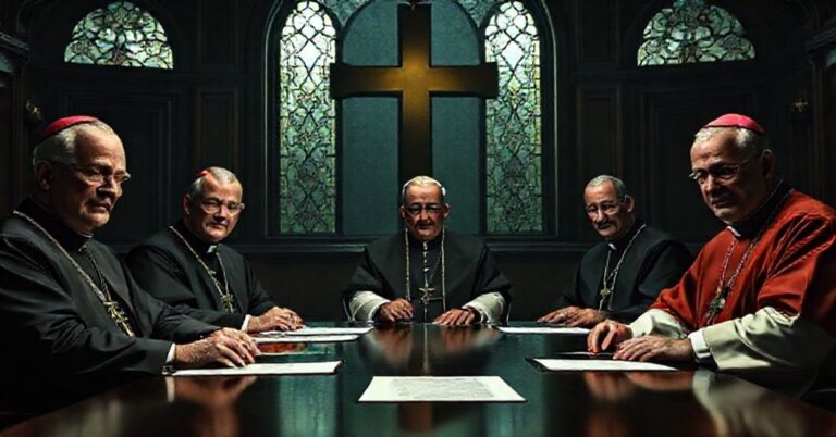 Soborowy antykościół w sekcie USCCB: falszywi biskupi Kevin Rhoades, Paul Coakley i Daniel Flores w symoblicznym uosobieniu apostazji