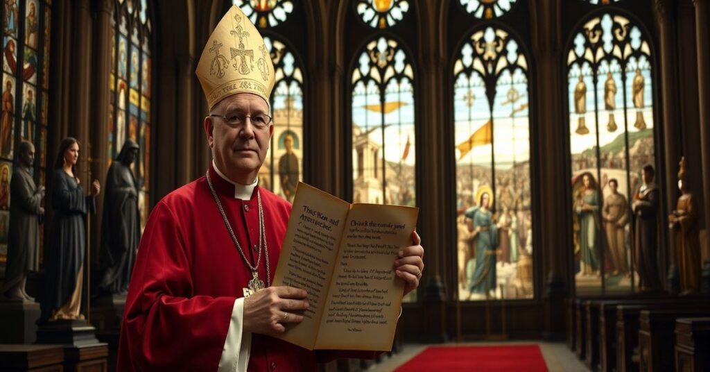 Arcybiskup Paul S. Coakley stoi w katedrze z modernistycznym apel o pokój dla Bliskiego Wschodu.