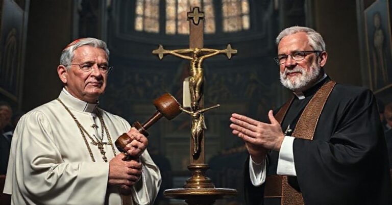 Obraz przedstawiający niekanonicznych przywódców neo-katolickiej hierarchii: "arcybiskupa" Paula Coakleya i "biskupa" Daniela Floresa w apostatyckim kontekście.