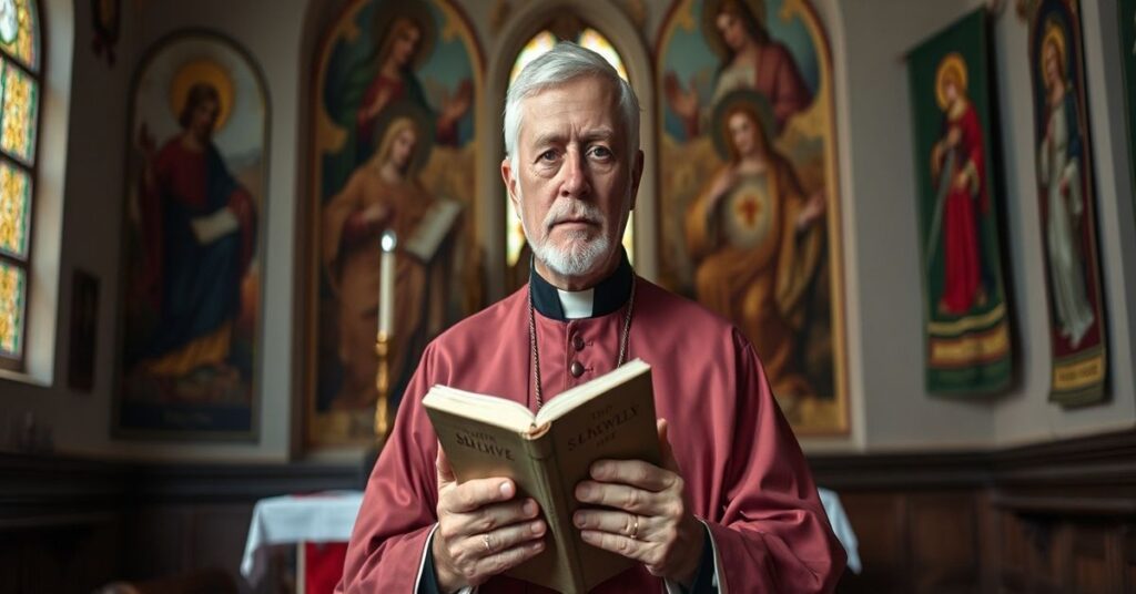 Tradycyjny książ katolicki w szatach liturgicznych przed ołtarzem kościła; w tle stopniująca się apostoazja w Ameryce Łacińskiej