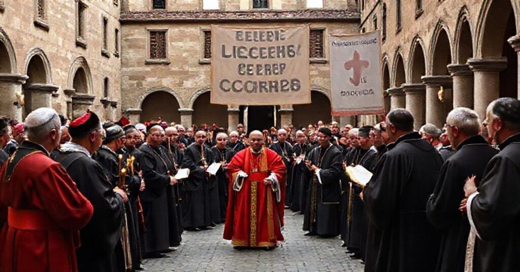 Tradycyjni ks. obserwują zebranie modernistycznych 'biskupów' pod przewodnictwem Matteo Zuppiego w Asyżu, diskutujących humanistyczny agenda bez uwzględnienia Chrystusa Króla.