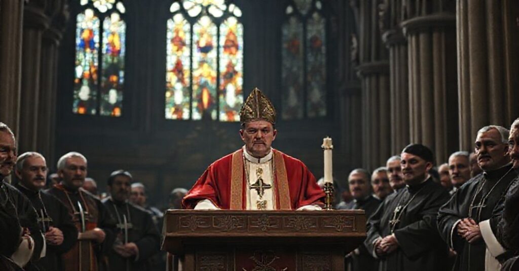 Zdjęcie przedstawia "papieża" Leona XIV przemawiającego do biskupów podczas 81. Zgromadzenia Plenarnego w Asyżu. Scena ukazuje poważne twarze uczestników w tradycyjnych szatach kościelnych.