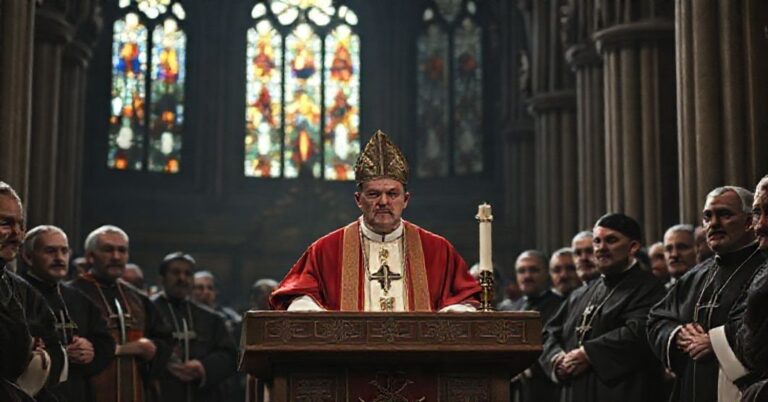 Zdjęcie przedstawia "papieża" Leona XIV przemawiającego do biskupów podczas 81. Zgromadzenia Plenarnego w Asyżu. Scena ukazuje poważne twarze uczestników w tradycyjnych szatach kościelnych.