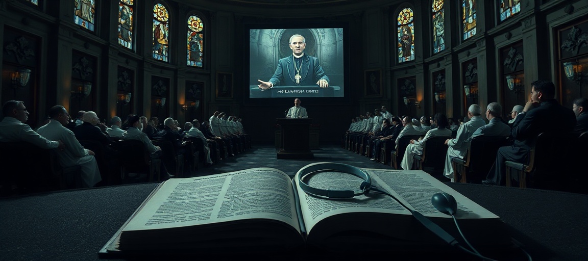 Uzurpator Leon XIV prezentuje encyklikę o sztucznej inteligencji w Auli Synodu, otoczony modernistami i ekspertami technologicznymi.
