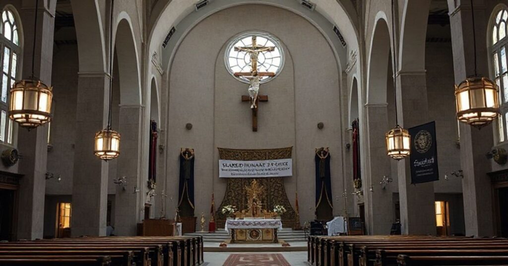 Smutny wizerunek kościoła w Manamie w Bahrajnie podniesionego do rangi „sanktuarium” przez modernistycznych hierarchów. Wnętrze kościoła jest ciemne i przygnębiające z akcentami ekumenizmu zamiast tradycyjnego kultu katolickiego.