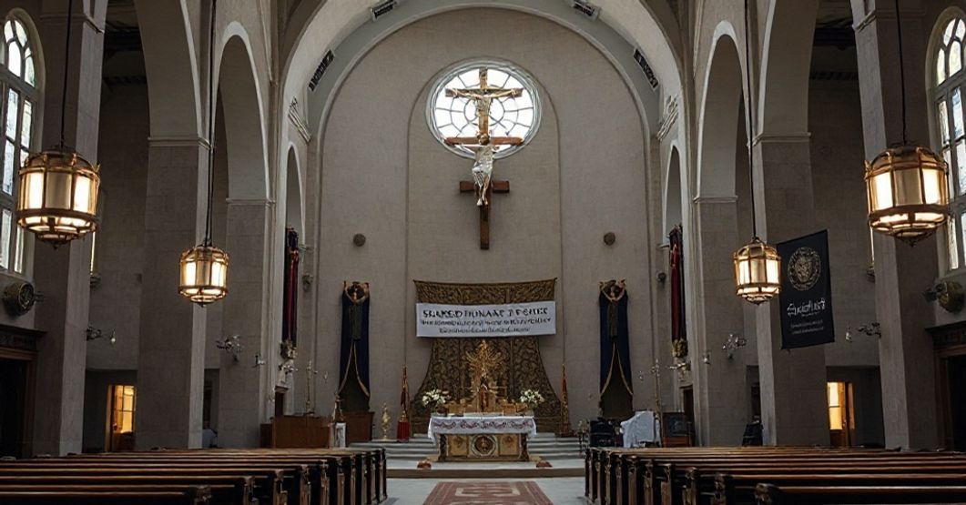 Smutny wizerunek kościoła w Manamie w Bahrajnie podniesionego do rangi „sanktuarium” przez modernistycznych hierarchów. Wnętrze kościoła jest ciemne i przygnębiające z akcentami ekumenizmu zamiast tradycyjnego kultu katolickiego.