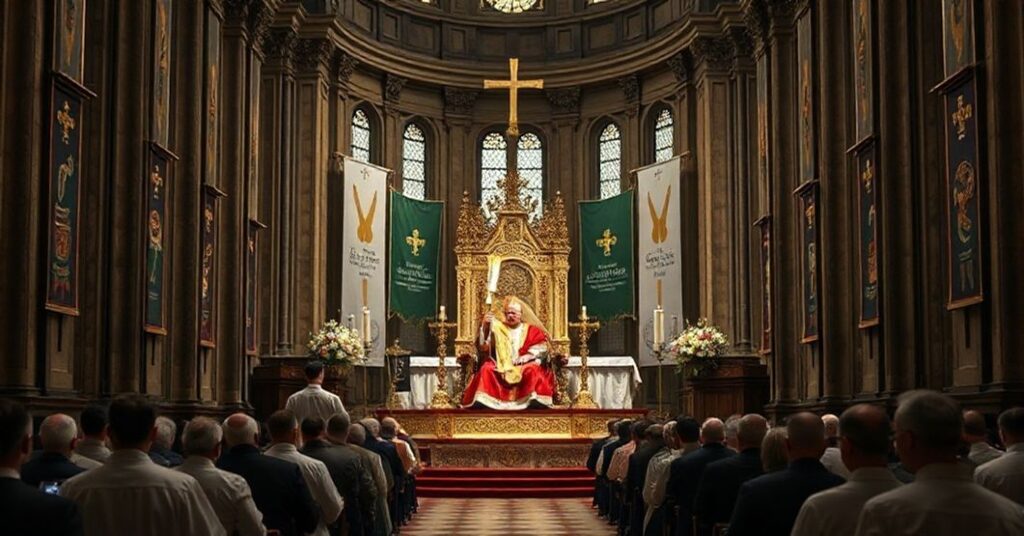 Wnętrze katolickiej bazyliki z heretyckim monarchą na nowo poświęconym tronie przy ołtarzu podczas ceremonii