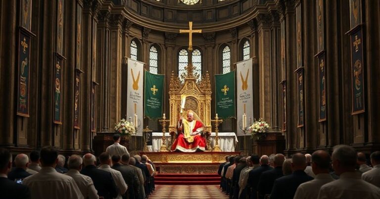 Wnętrze katolickiej bazyliki z heretyckim monarchą na nowo poświęconym tronie przy ołtarzu podczas ceremonii