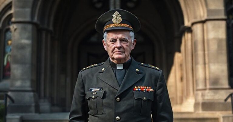 Pozbawiony godności obraz emerytowanego generała armii amerykańskiej Jeffreya Talleya przed Belmont Abbey College