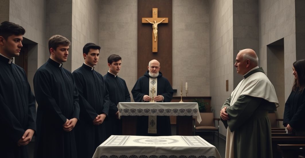 Ciemna, ponura scena z inauguracji nowego seminarium w Ełku, ukazująca siedmiu młodych mężczyzn w nowoczesnych szatach duchownych przed nowoordynacyjnym ołtarzem. Stary biskup prowadzi fałszywą konsekrację, w kaplicy pozbawionej tradycyjnych katolickich symboli.