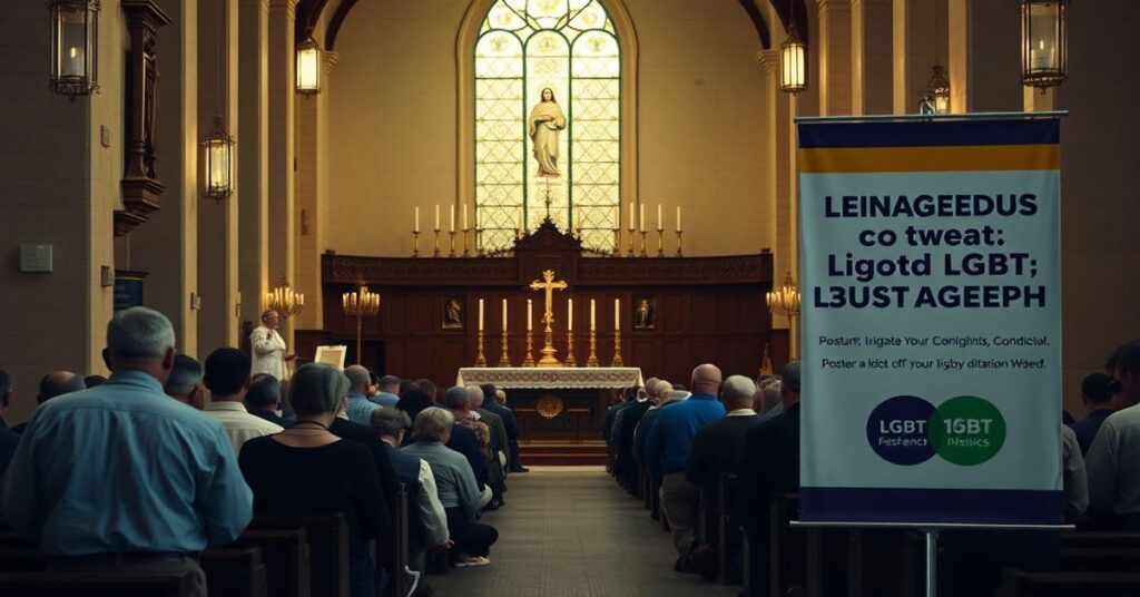 Wnętrze tradycyjnego kościoła katolickiego z grupą wiernych modlących się przed ołtarzem, kontrastujących z sekularnymi symbolami promującymi akceptację LGBT.