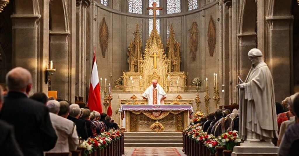 Wnętrze archikatedry w Częstochowie podczas nowoczesnej "liturgii" z okazji Dnia Niepodległości Polskiej. Fałszywy "arcybiskup" Wacław Depo przemawia z ołtarza o jedności narodowej.