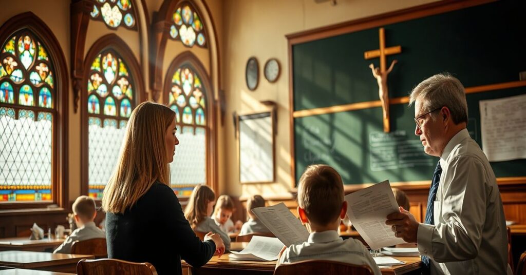 Seriousne zdjęcie klasy szkolnej katolickiej z krzyżami i dziećmi modlącymi się różańcem. W tle przedstawiciele Cardinal Newman Society i Dan Guernsey z NAPCIS dyskutują o akredytacji.