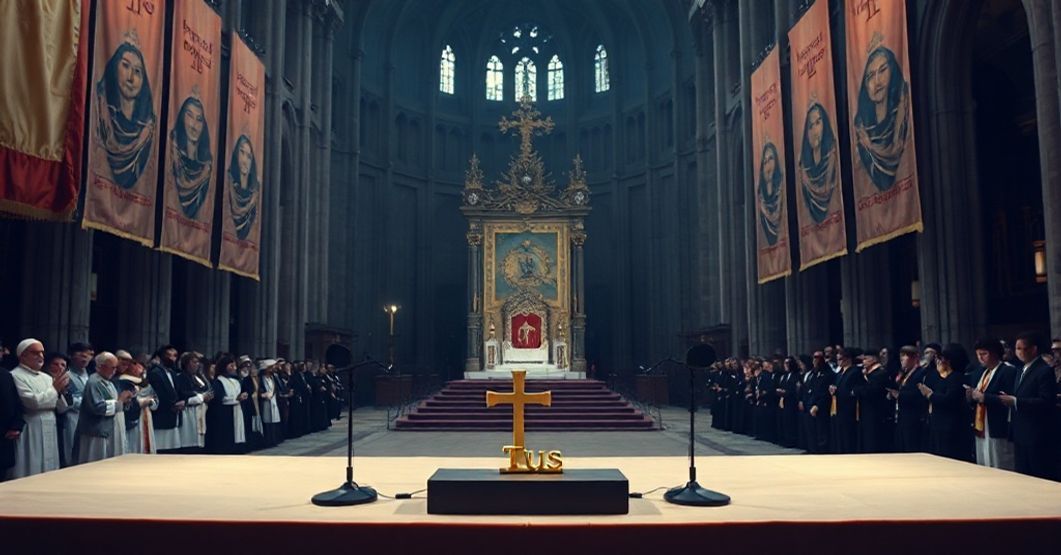 Wnętrze katedry z pustym tronom papieskim otoczonym blaknącymi transparentami z nazwiskiem Jana Pawła II. Na ołtarzu stoi nowoczesna nagroda medyczna Tuus otoczona mikrofonami i oświetleniem scenicznym. W tle widoczne są świętujące osoby w współczesnym ubiorze.