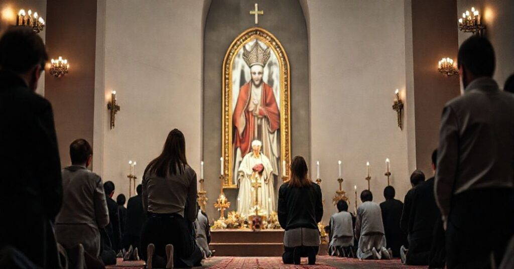 Grupa młodzieży klęczy w modlitwie przed fałszywym obrazem heretyka w modernistycznej kaplicy, symbolizując apostazję i kult człowieka nad wiarą katolicką.