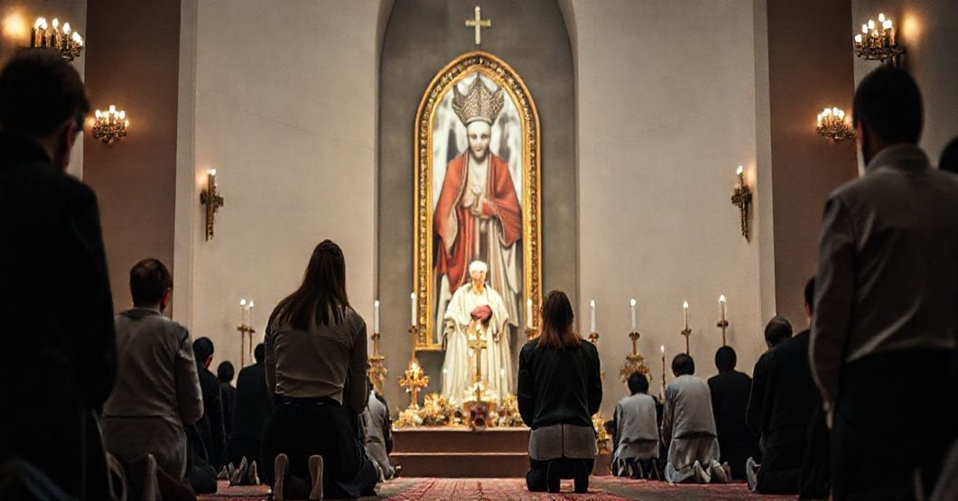 Grupa młodzieży klęczy w modlitwie przed fałszywym obrazem heretyka w modernistycznej kaplicy, symbolizując apostazję i kult człowieka nad wiarą katolicką.