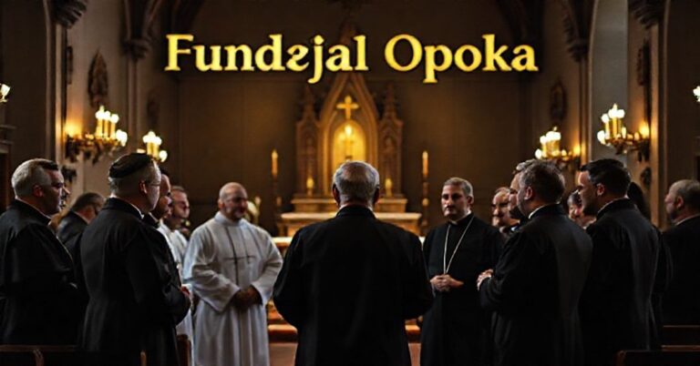 Wnętrze tradycyjnego kościoła katolickiego z gruą księży w nowoczesnych szatach dyskutujących, symbolizujących apostazję w strukturach neokościoła