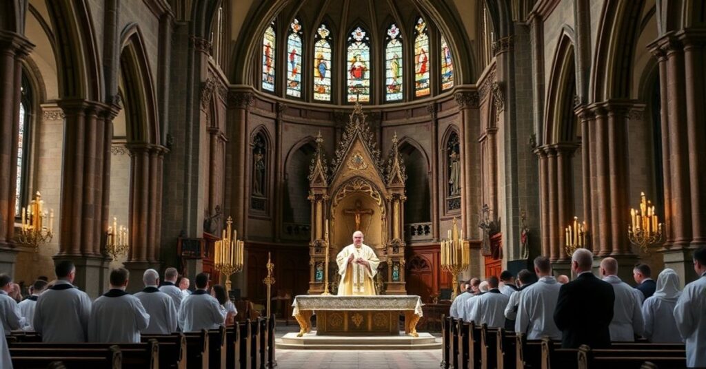 Wnętrze gnieźnieńskiej "bazyliki" podczas modernistycznej mszy. Biskup Radosław Orchowicz przewodniczy liturgii w otoczeniu niekanonicznych prezbiterów.