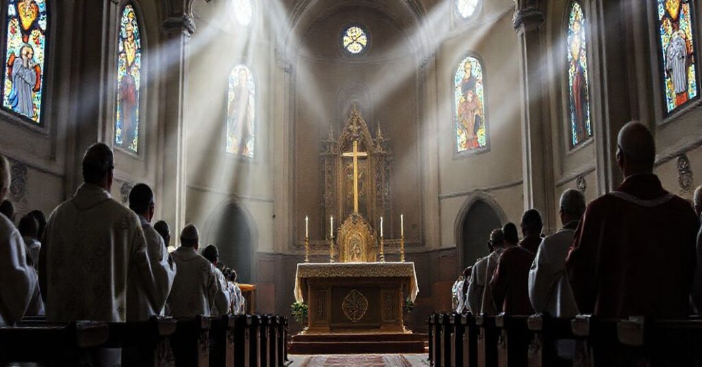Zdjęcie przedstawiające wnętrze tradycyjnej katedry greckokatolickiej podczas liturgii. Na środku pusty ołtarz otoczony duchownymi w tradycyjnych szatach liturgicznych. Scena jest oświetlona naturalnym światłem przechodzącym przez witraże z wizerunkami świętych.