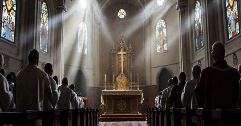 Zdjęcie przedstawiające wnętrze tradycyjnej katedry greckokatolickiej podczas liturgii. Na środku pusty ołtarz otoczony duchownymi w tradycyjnych szatach liturgicznych. Scena jest oświetlona naturalnym światłem przechodzącym przez witraże z wizerunkami świętych.