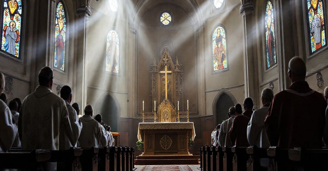 Zdjęcie przedstawiające wnętrze tradycyjnej katedry greckokatolickiej podczas liturgii. Na środku pusty ołtarz otoczony duchownymi w tradycyjnych szatach liturgicznych. Scena jest oświetlona naturalnym światłem przechodzącym przez witraże z wizerunkami świętych.