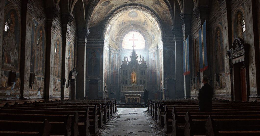Pustoszącą się prawosławna cerkiew w Grodnie, otoczona symbolami współczesnej apostazji, z daleka widoczny obraz prawdziwego Kościoła Katolickiego.
