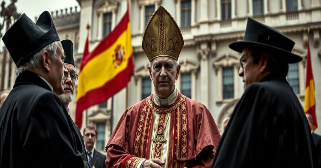 Obraz przedstawiający "Papieża Leona XIV" (Robert Prevost) w czasie wizyty w Hiszpanii, symbolizujący apostazję i legitymizację laickiego państwa przez pseudokościół posoborowy.