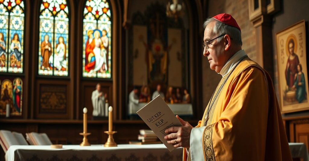 Biskup w tradycyjnych szatach liturgicznych trzyma dokument 'List KEP' przed ołtarzem kościelnym, patrząc z powagą na synagogę przez witraże przedstawiające Ostatnią Wieczerzę.