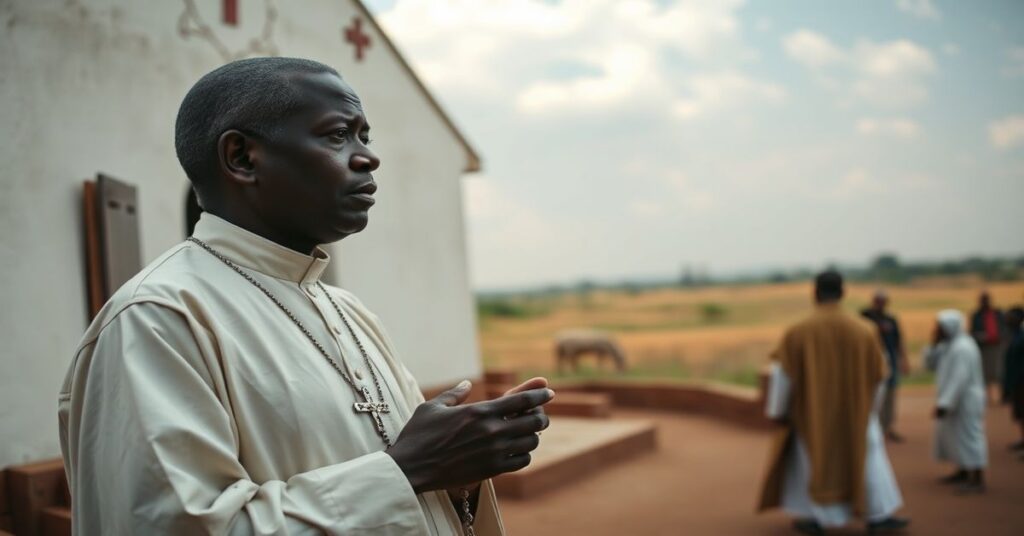 Tradycyjny kapłan katolicki modli się w tle na tle afrykańskiej wioski podczas rzekomej pielgrzymki uzurpatora