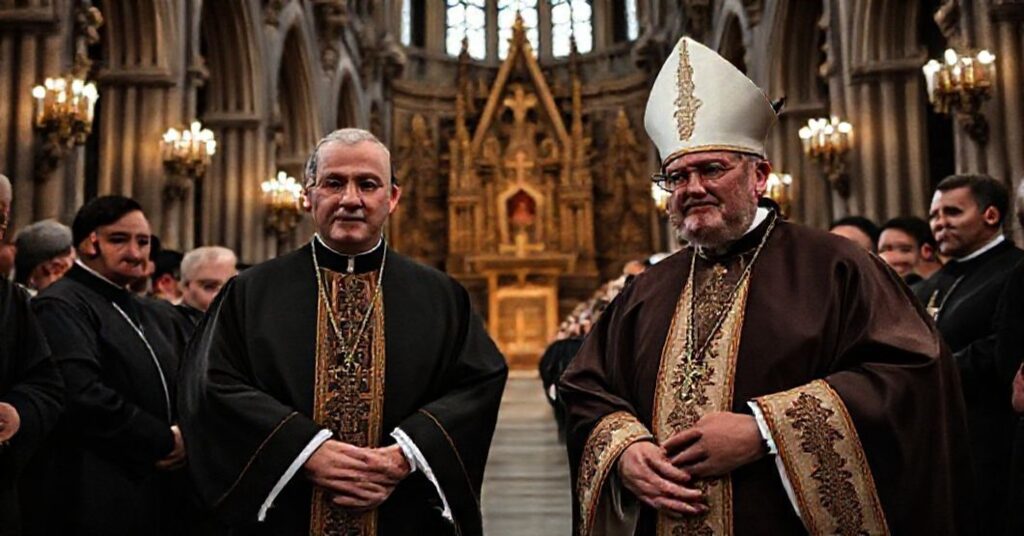 Wnętrze katedry św. Stanisława w Krakowie z modernistycznym hierarchami w stroju liturgicznym.