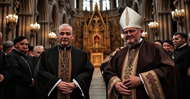 Wnętrze katedry św. Stanisława w Krakowie z modernistycznym hierarchami w stroju liturgicznym.