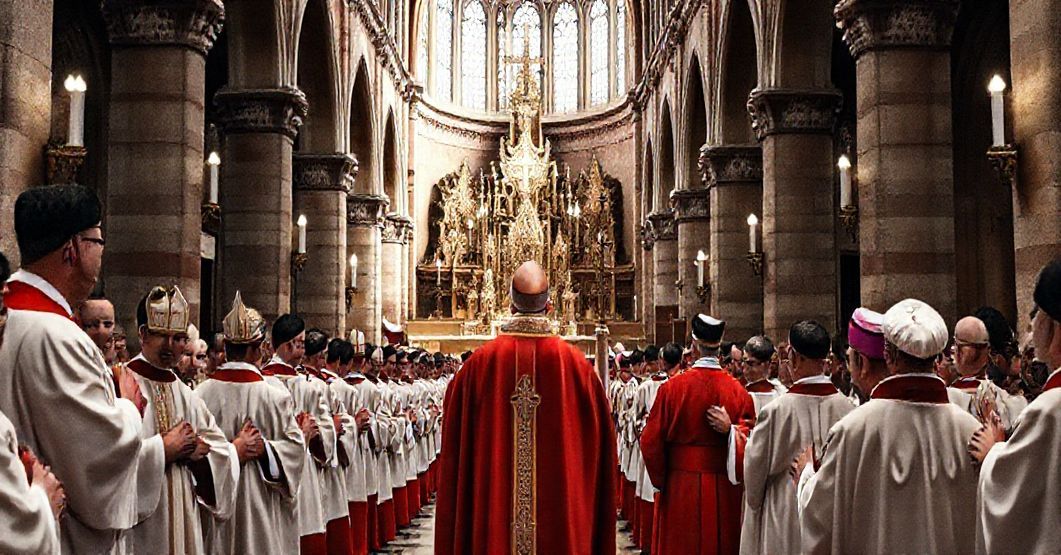 Poważna katolicka ceremonia w katedrze na Wawelu w Krakowie, ukazująca biskupa w pełnym ornaty, ale z subtelnymi elementami modernistycznymi i pustym ceremonializmem, symbolizującymi apostazję w Kościele.