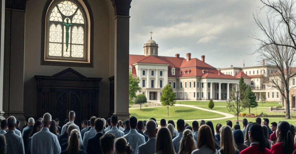 Sobór katolicki w tradycyjnym stylu z modlącymi się studentami na tle blurowego campusu uniwersyteckiego symbolizujący apostazję w katolickiej edukacji.