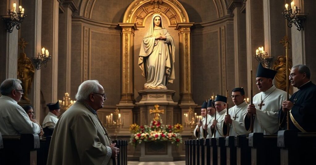 Wnęka kościelna z atakowaną figurą Najświętszej Maryi Panny otoczoną symbolami apostazji. Na pierwszym planie słaby stary ksiądz (symbolizujący antypapieża Leona XIV) milczy podczas gdy Brigitte Macron przyjmuje Komunię w stanie publicznego grzechu.