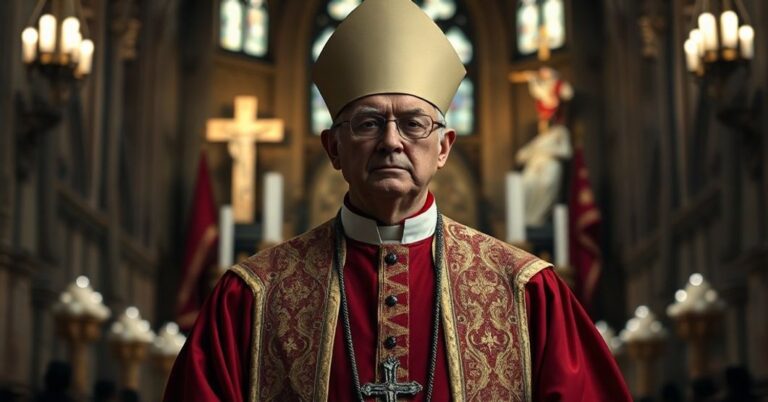 Biskup w tradycyjnym stroju biskupim przed katedrą, otoczony symbolami apostazji.