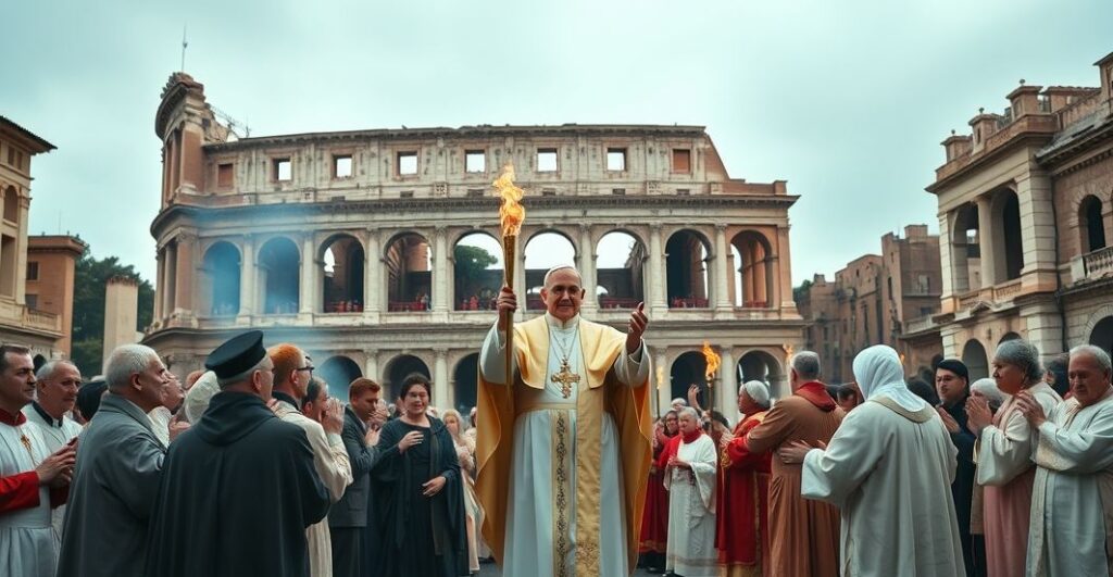 Koloseum w Rzymie, fałszywy papież i przedstawiciele innych religii uczestniczą w ekumenicznej ceremonii, symbolizującej apostazję wiary katolickiej