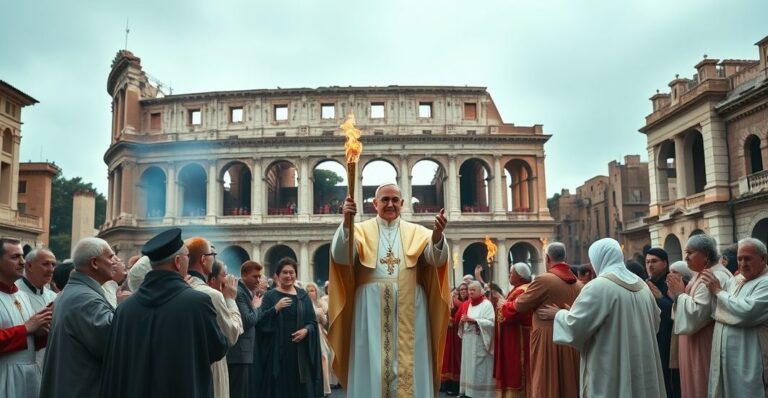 Koloseum w Rzymie, fałszywy papież i przedstawiciele innych religii uczestniczą w ekumenicznej ceremonii, symbolizującej apostazję wiary katolickiej