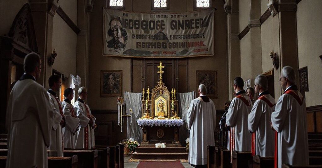 Wnętrze kościoła z nietradycyjnym ołtarzem poświęconym nowoczesnej osobie, co pokazuje synkretyzm religijno-polityczny.