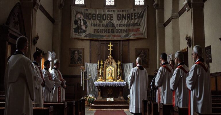 Wnętrze kościoła z nietradycyjnym ołtarzem poświęconym nowoczesnej osobie, co pokazuje synkretyzm religijno-polityczny.