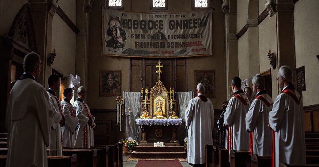Wnętrze kościoła z nietradycyjnym ołtarzem poświęconym nowoczesnej osobie, co pokazuje synkretyzm religijno-polityczny.
