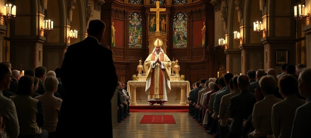 Tradycyjna katolicka Msza Święta w kościele z biskupem w pełnym ornacie liturgicznym u stóp ołtarza i modlącymi się wiernymi. Na boku stojący James Martin blisko jego homoseksualnego „partnera” Jasona Steidla i jego drugiego mężczyzny.