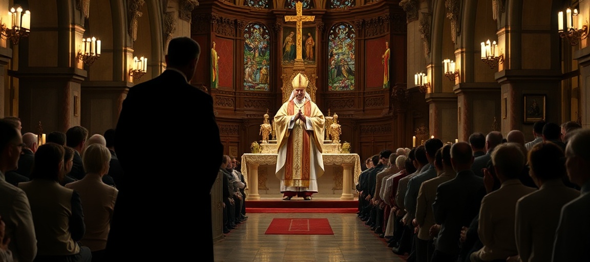 Tradycyjna katolicka Msza Święta w kościele z biskupem w pełnym ornacie liturgicznym u stóp ołtarza i modlącymi się wiernymi. Na boku stojący James Martin blisko jego homoseksualnego „partnera” Jasona Steidla i jego drugiego mężczyzny.