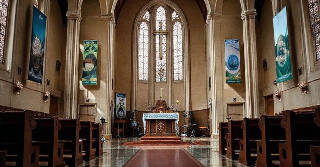 Wnętrze katolickiego kościoła z pustym ołtarzem otoczonego sprzętem sportowym i ekologicznymi banerami, symbolizujące zastąpienie wartości duchowych aktywizmem światowym.