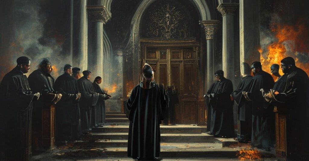 Stary ksiądz w tradycyjnym ornaty stoi przed zamkniętymi drzwiami kościoła, symbolizując wykluczenie prawdziwej wiary podczas prześladowań chrześcijan.