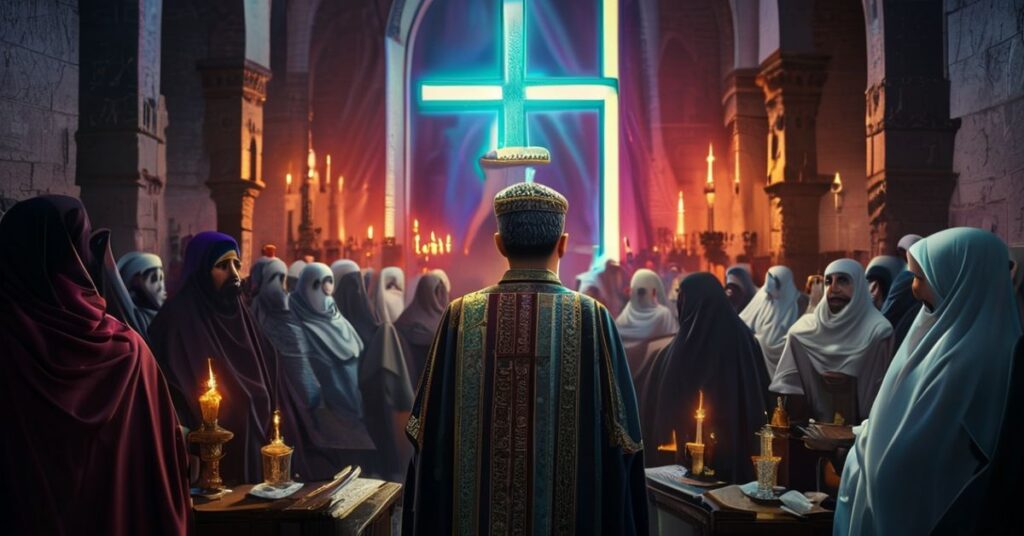 Prawdziwy książ katolicki w tradycyjnych szatach stoi zrozpaczony przed zniekształconym neonowym krzyżem, otoczony przez rozmyte postacie w islamskim stroju podczas XXVI "Dnia Islamu w Kościele"