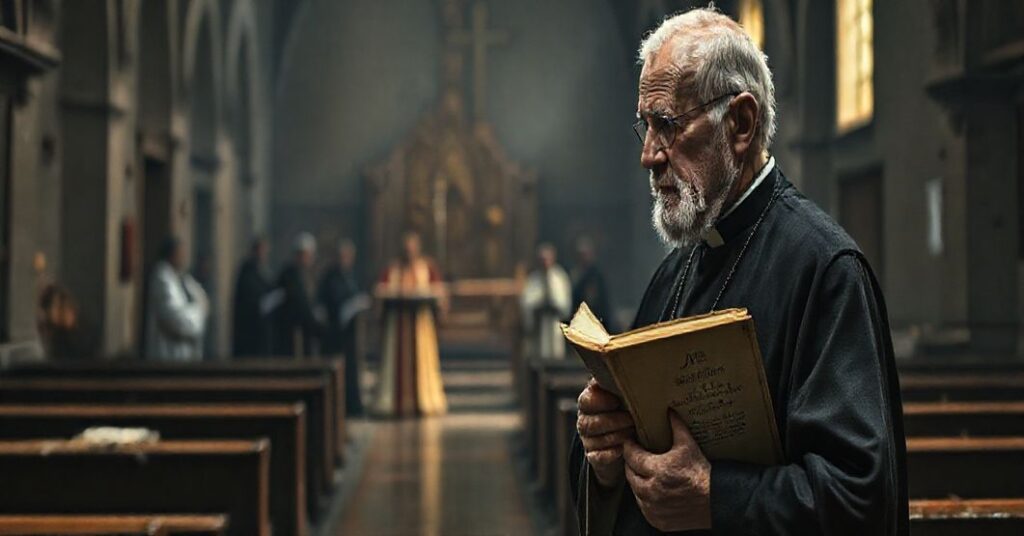 Stary tradycjonalistyczny ksiądz smutno patrzy na modernistów niszczących tradycyjne symbole kościelne w apostolskiej apostazji.