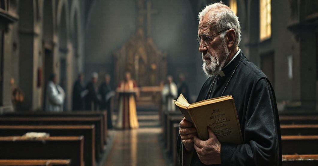 Stary tradycjonalistyczny ksiądz smutno patrzy na modernistów niszczących tradycyjne symbole kościelne w apostolskiej apostazji.