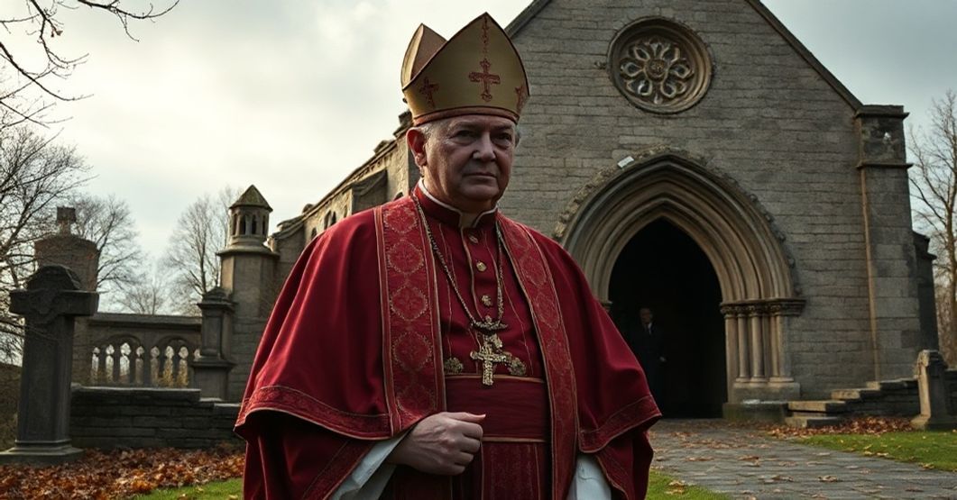 Tradycyjny katolicki biskup w pełnym stroju liturgicznym stoi przed zrujnowanym anglikańskim kościołem, wyrażając smutek i troskę wobec współczesnej apostazji.
