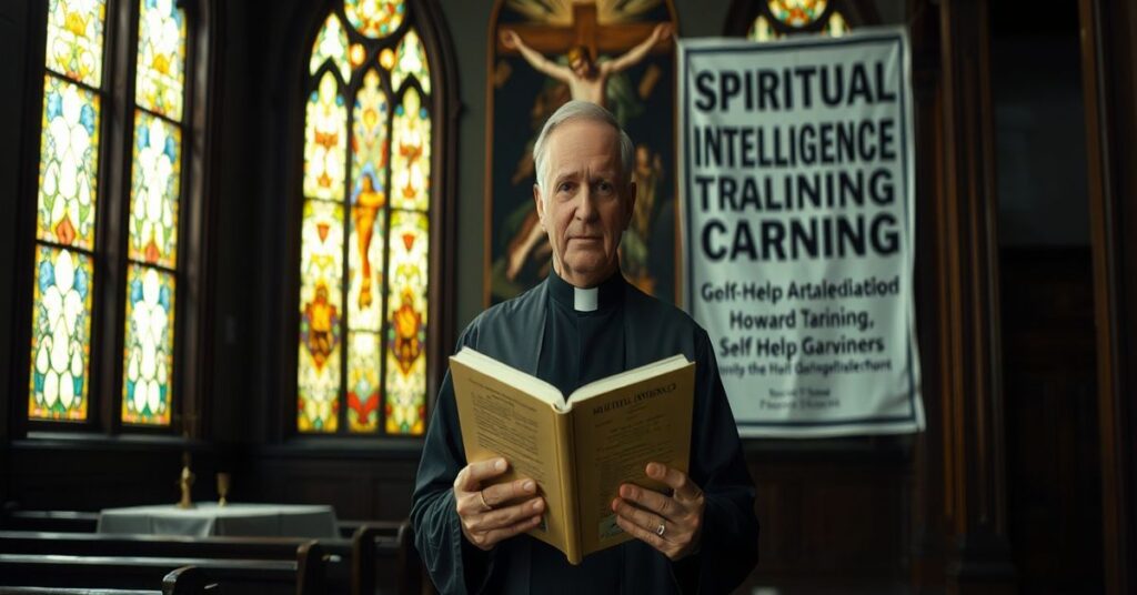 Wnętrze tradycyjnego kościoła z Robertem Flockiem promującym 'inteligencję duchową' podczas Wielkiego Postu