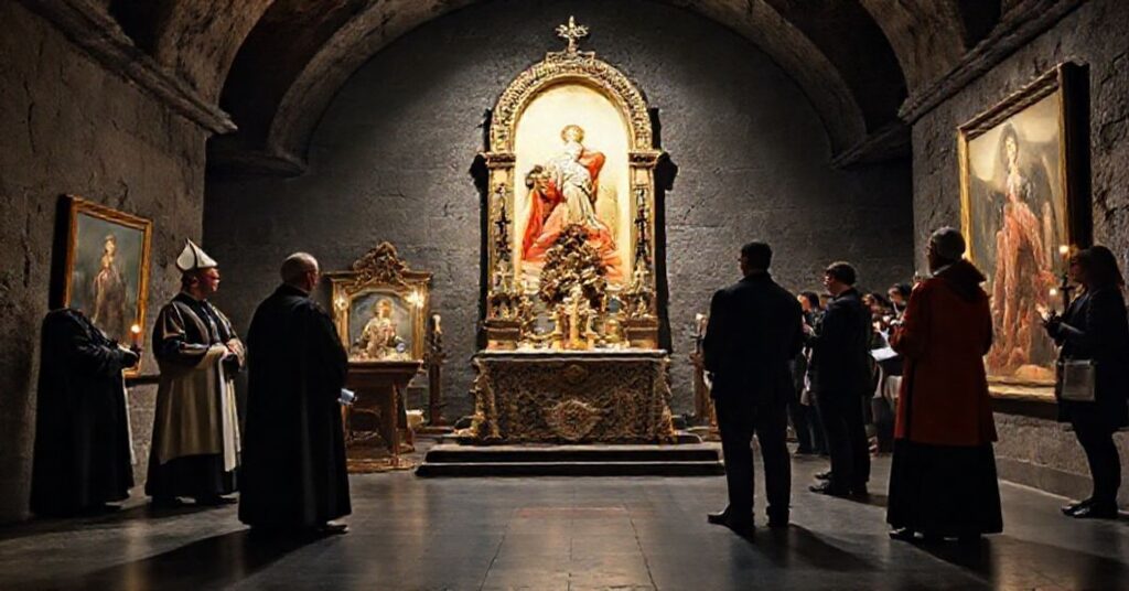 Wnętrze krypty warszawskiej katedry św. Floriana podczas kontrowersyjnej wystawy 'Przypominanie katolicyzmu na nowo' z modernistycznymi dziełami sztuki zniekształcającymi tajemnice wiary